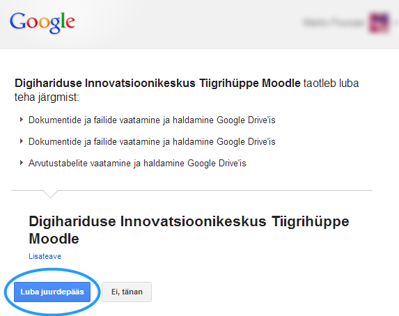 Õiguse andmine Google Drive kasutamiseks